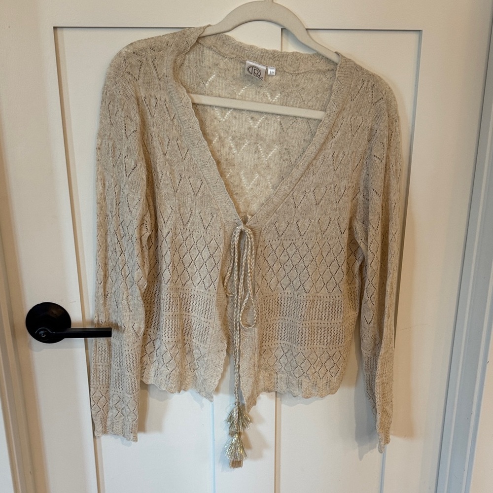 QED London Beige Cardigan with Tassel Tie